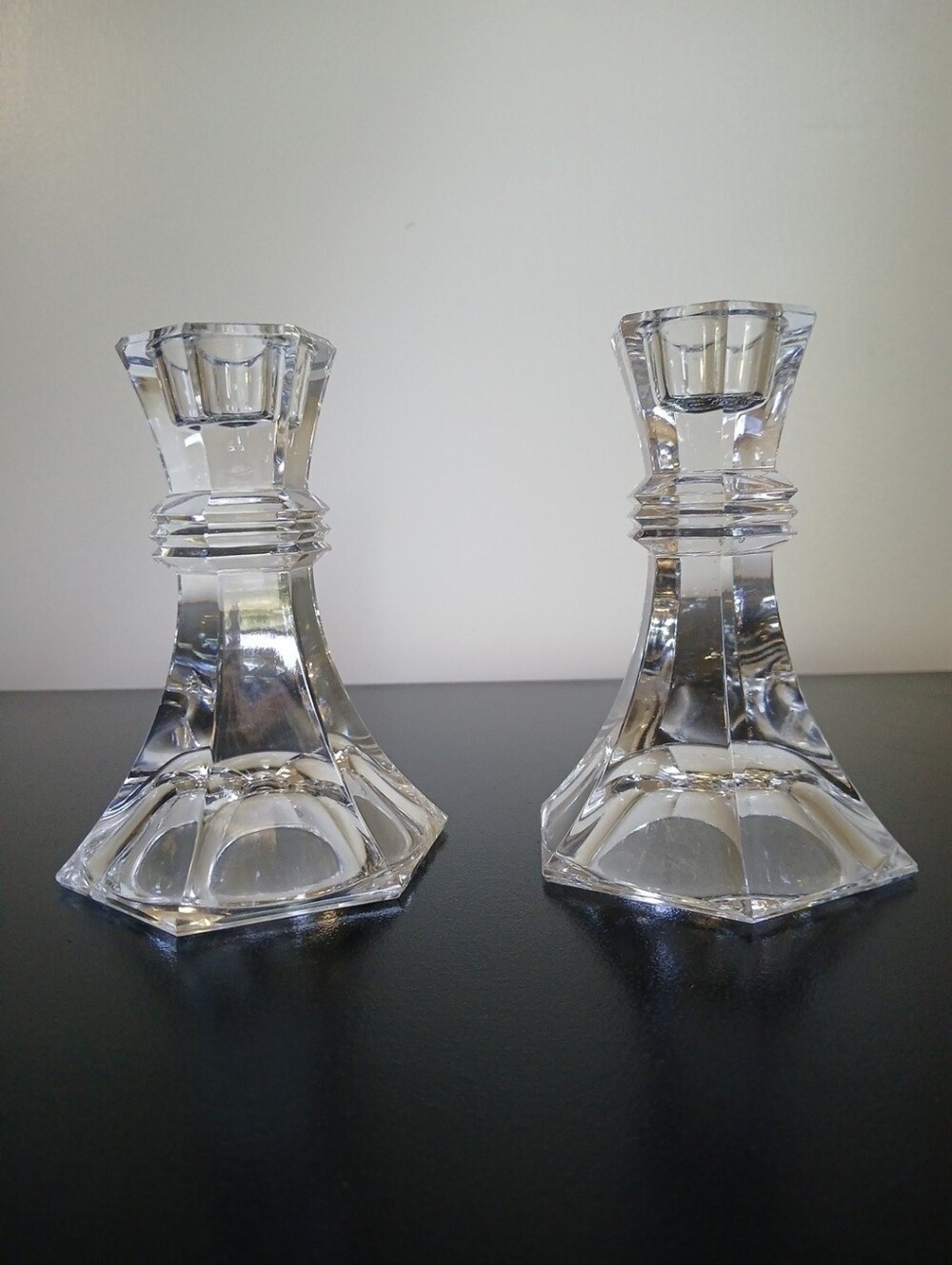 Pair Of Vintage Clear Lead Crystal 4.75" X 3" Taper Candle Holders